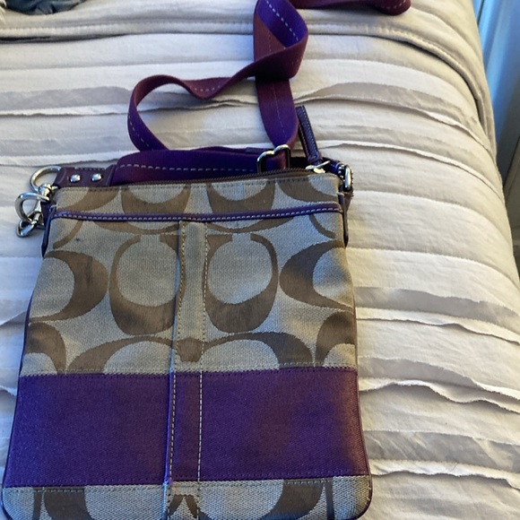 Coach Small Crossbody Bag. Purple trim band & purple strap - - Picture 2 of 4